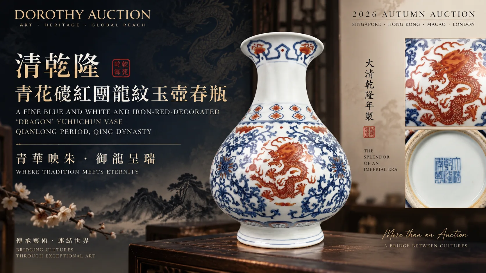 多祿溙2026秋季拍賣會精品推薦｜清乾隆青花礬紅團龍紋玉壺春瓶